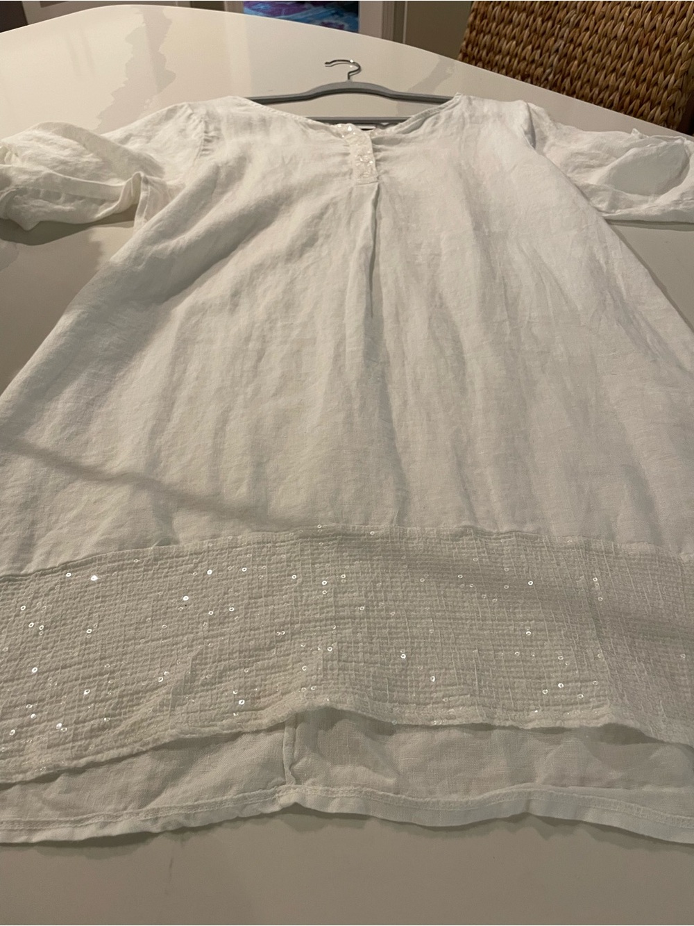 100% linen Belle France White Tunic Top with beading elevated swim, summer top